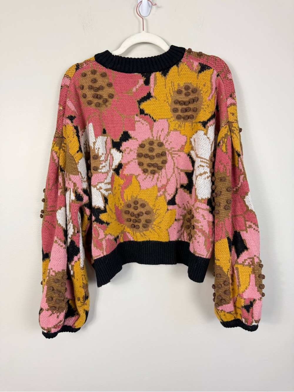 Farm Rio Sweater Women XL Floral Embroidered Sunflower Pom Pom Pink Brown Yellow - Picture 3 of 11